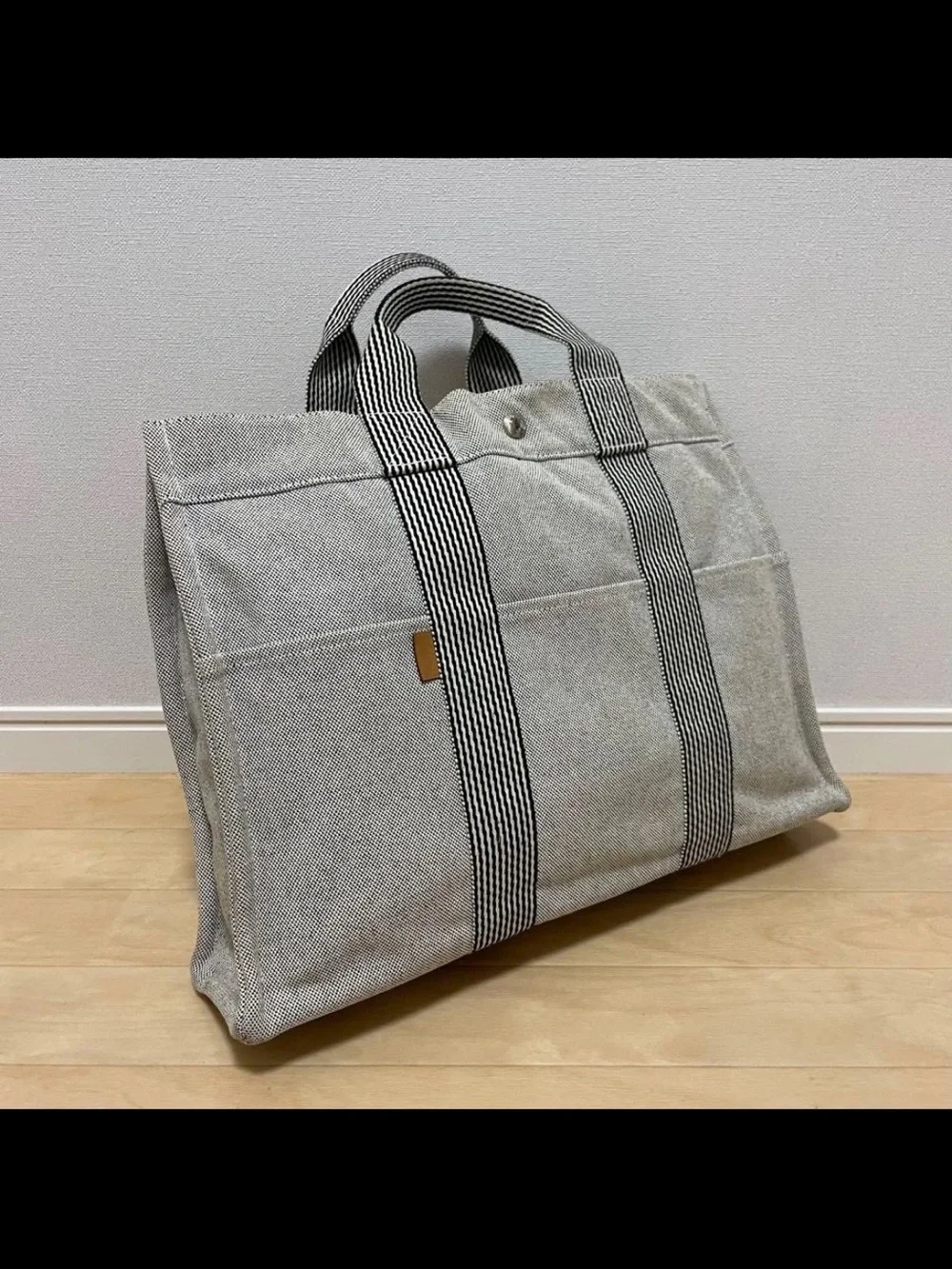 Hermes Gray Canvas Tote with Striped Web Handles